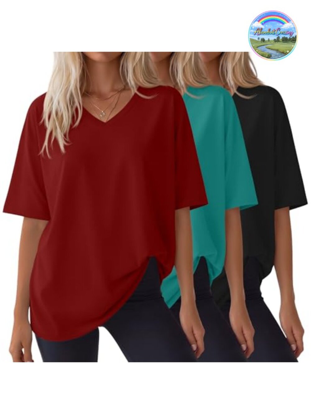 3 Pack Women's Oversized V Neck Drop Shoulder Tees Cotton Blend